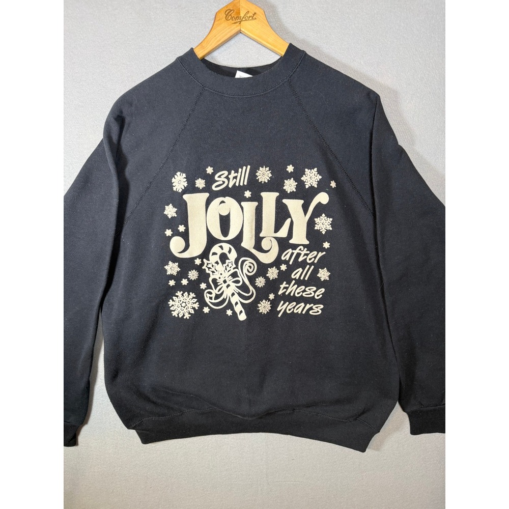 VTG Tultex Jolly Christmas Graphic Painted Sweatshirt Snow Festive Black XL USA